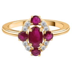 Real 0.92 Carat Ruby Gemstone 0.11 Carat SI/H Diamond Ring 14 Karat Yellow Gold