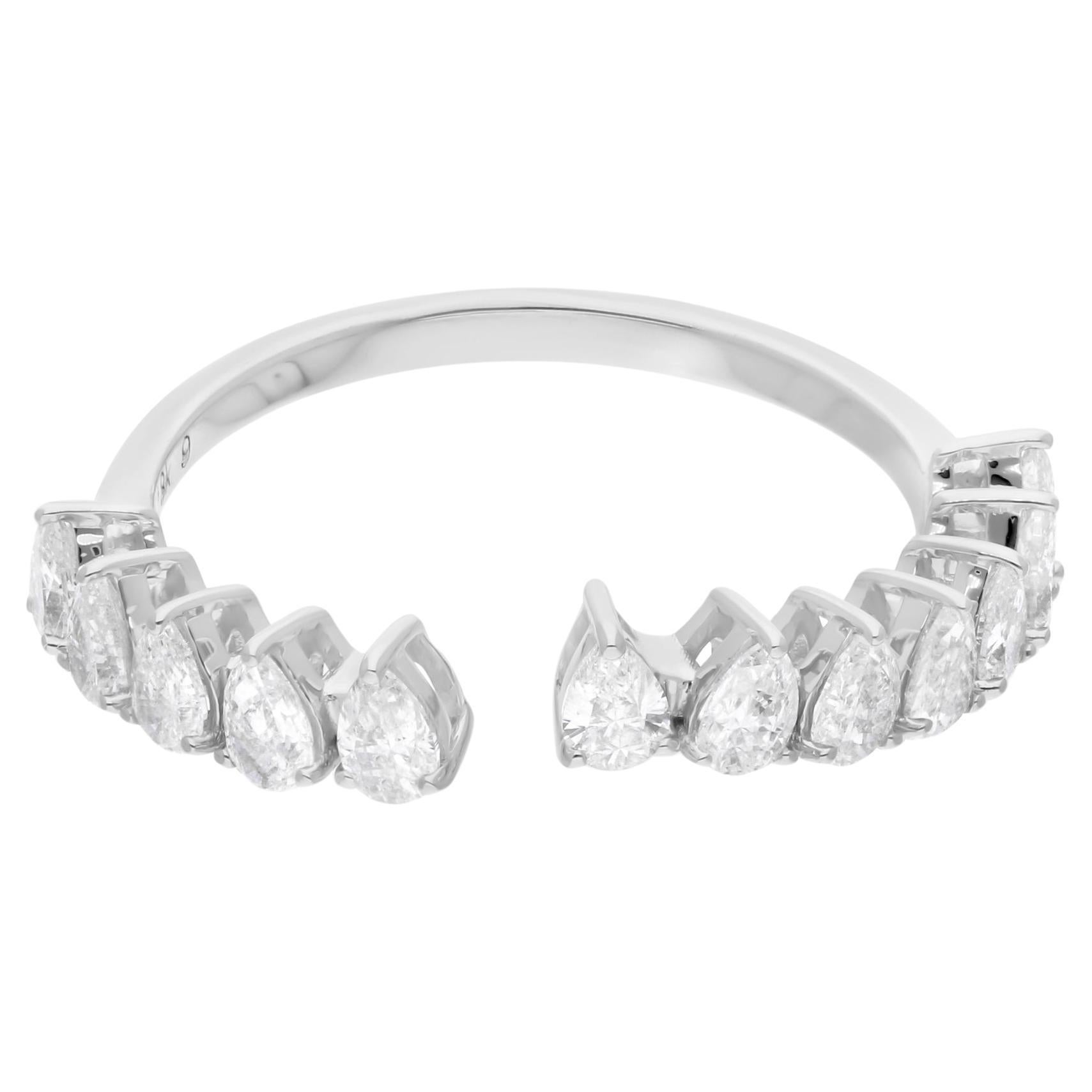 Real 0.95 Carat SI Clarity HI Color Pear Diamond Cuff Ring 18 Karat White Gold For Sale