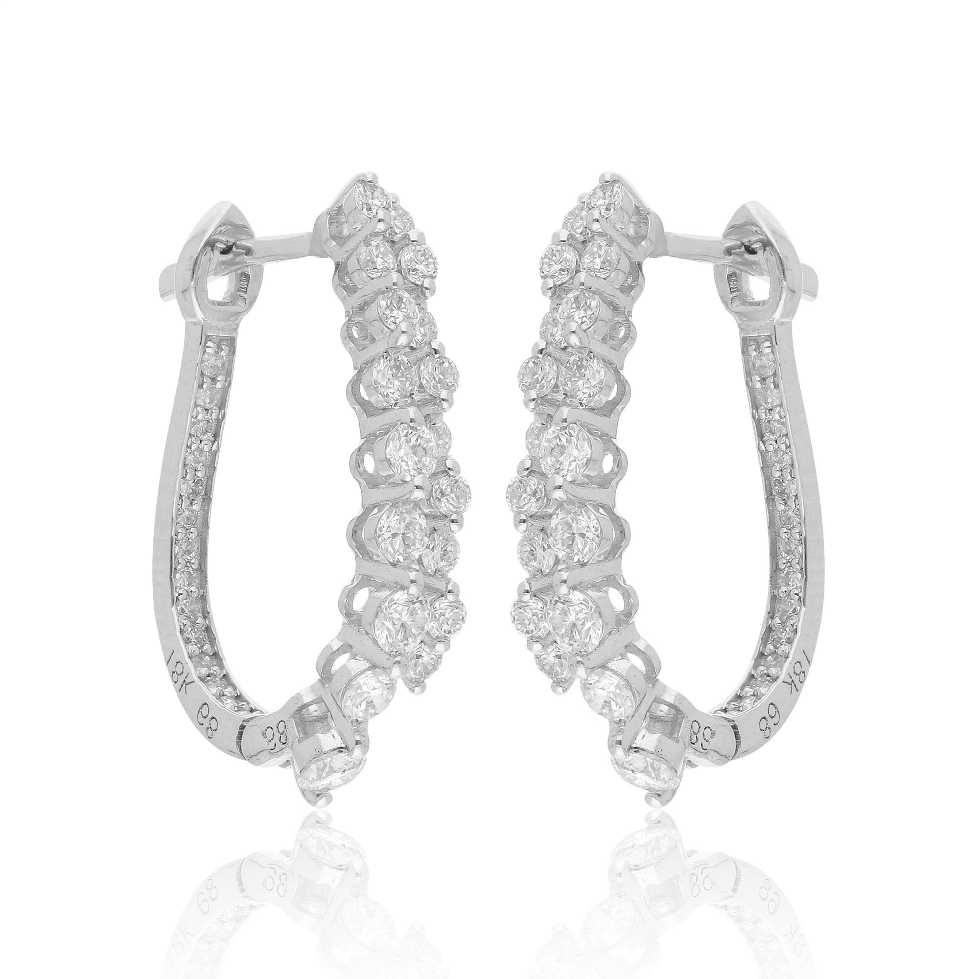 Women's Real 0.97 Carat Round Diamond Hoop Earrings 14 Karat White Gold Handmade Jewelry For Sale