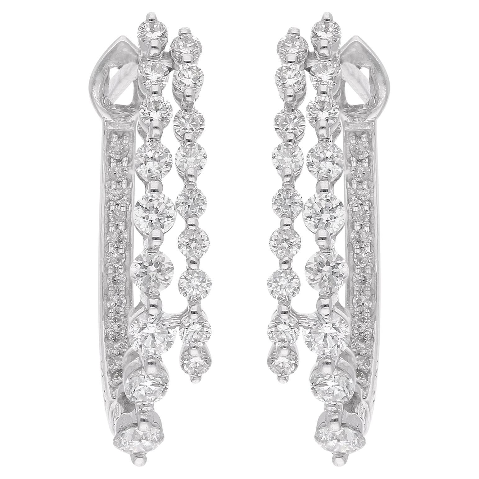 Real 0.97 Carat Round Diamond Hoop Earrings 14 Karat White Gold Handmade Jewelry