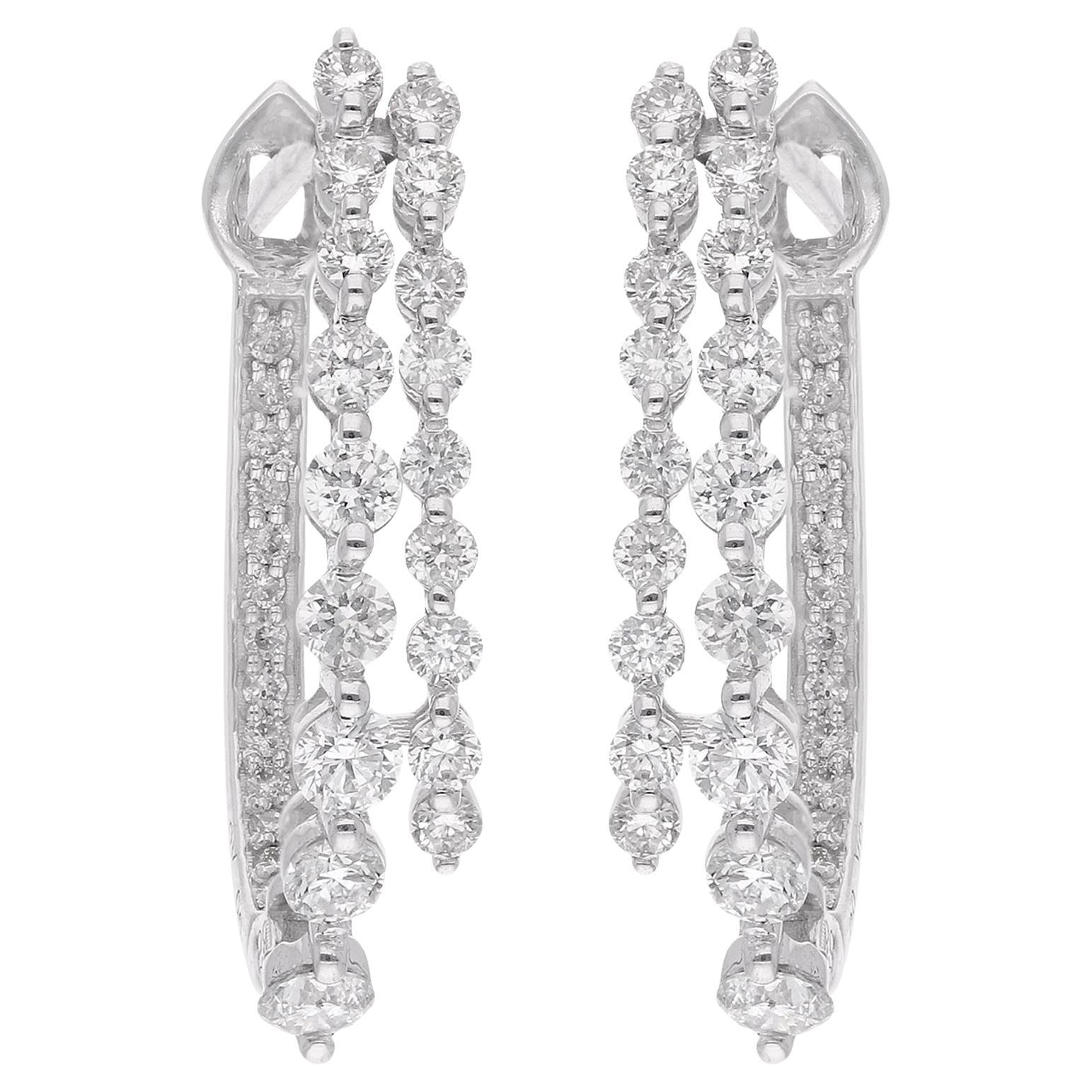 Real 0.97 Carat Round Diamond Hoop Earrings 14 Karat White Gold Handmade Jewelry