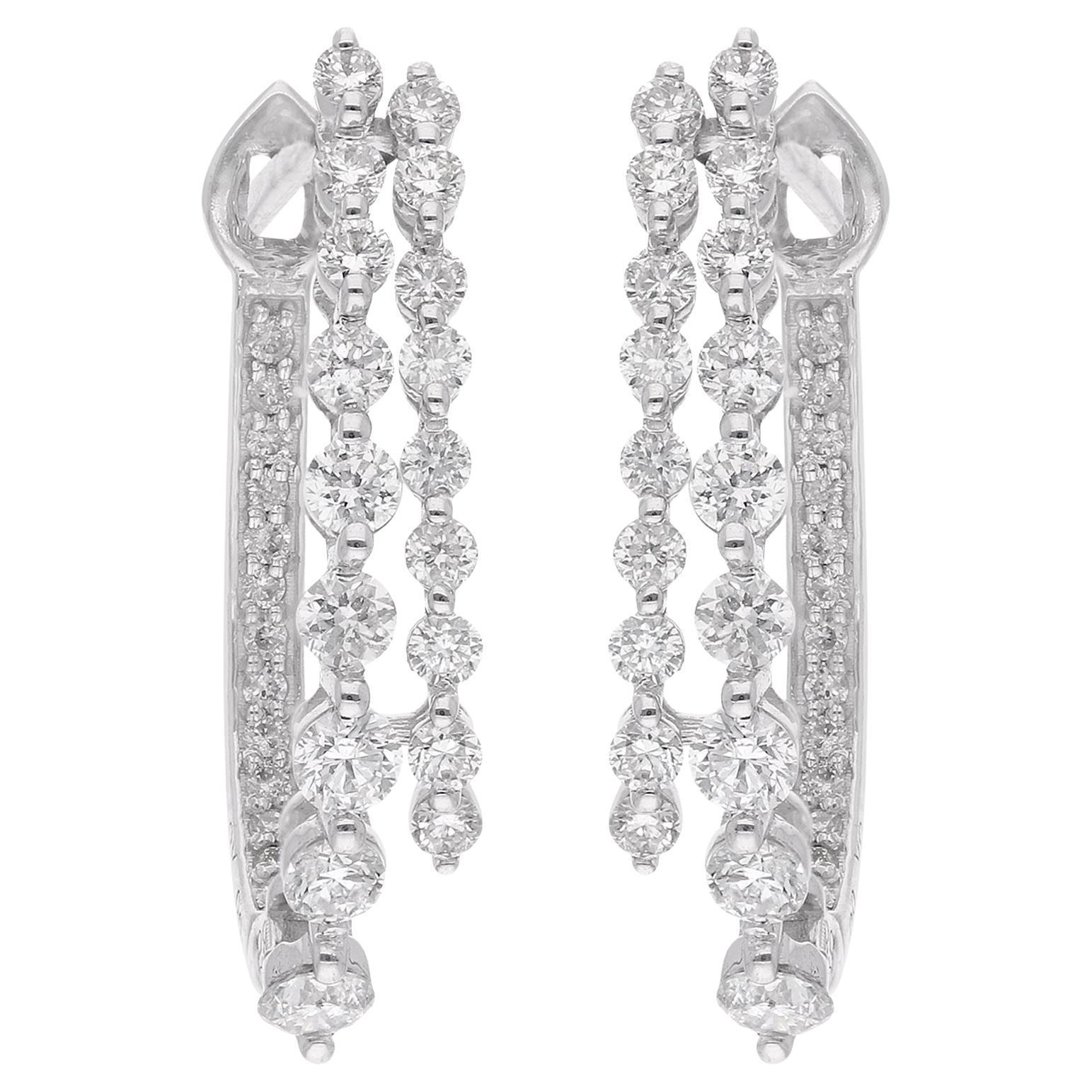 Real 0.97 Carat Round Diamond Hoop Earrings 18 Karat White Gold Handmade Jewelry For Sale