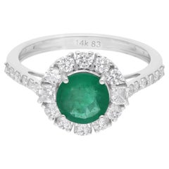 Bague réelle en or blanc 14 carats avec émeraude de Zambie de 0,98 carat et diamants de 0,74 carat SI/H