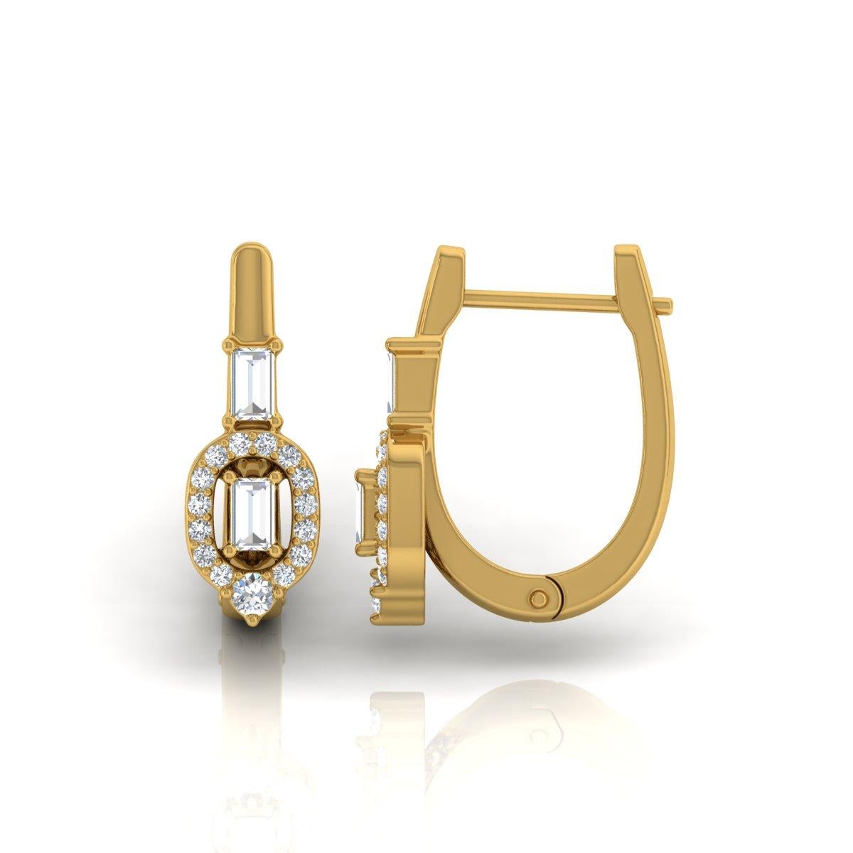 Moderne Boucles d'oreilles en or jaune 14 carats véritables 1/2 carat SI/H Baguette Diamant rond en vente