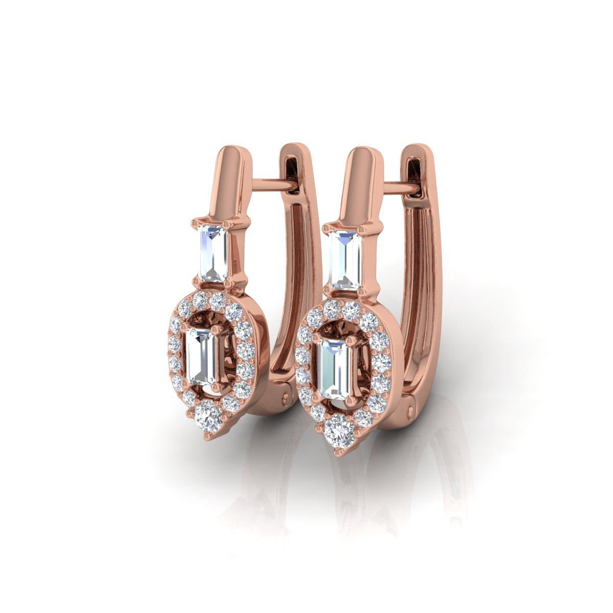 Baguette Cut Real 1/2 Carat SI/H Baguette Round Diamond Earrings 18 Karat Rose Gold Jewelry For Sale