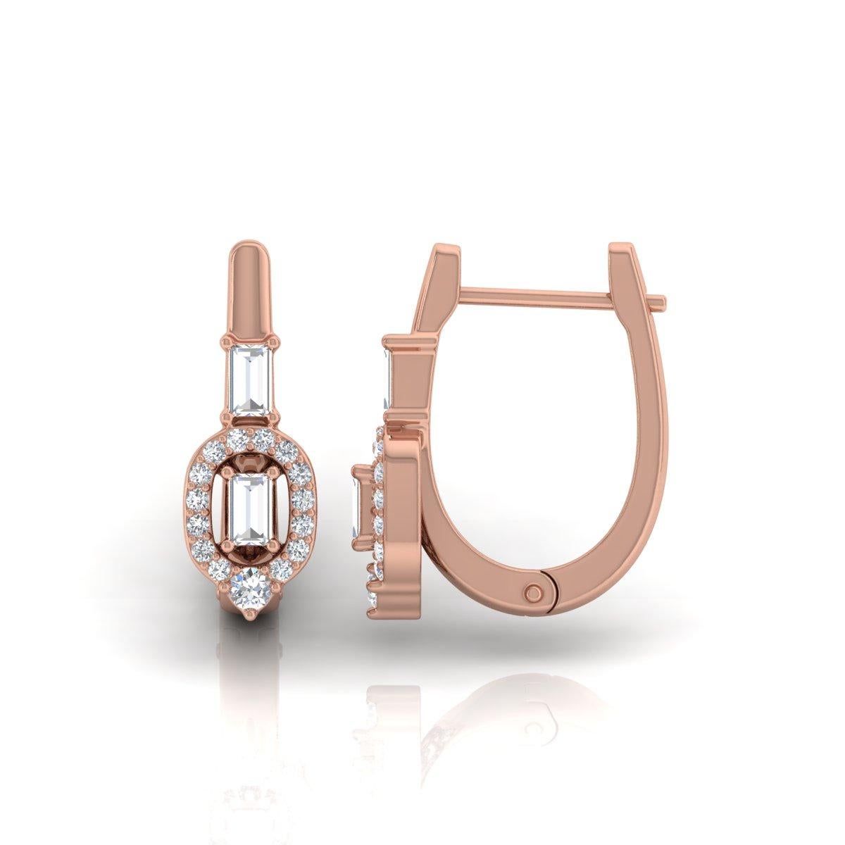 Real 1/2 Carat SI/H Baguette Round Diamond Earrings 18 Karat Rose Gold Jewelry In New Condition For Sale In Diera, Dubai