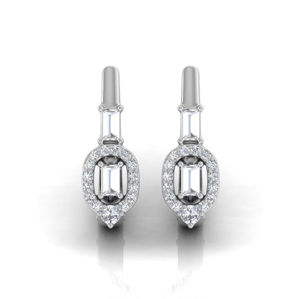 Modern Real 1/2 Carat SI/H Baguette Round Diamond Earrings 18 Karat White Gold Jewelry For Sale
