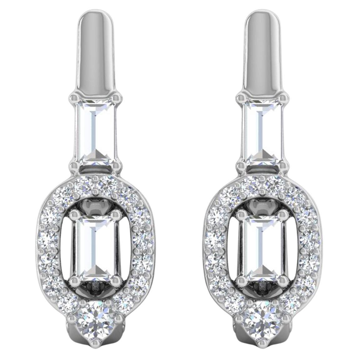 Real 1/2 Carat SI/H Baguette Round Diamond Earrings 18 Karat White Gold Jewelry For Sale