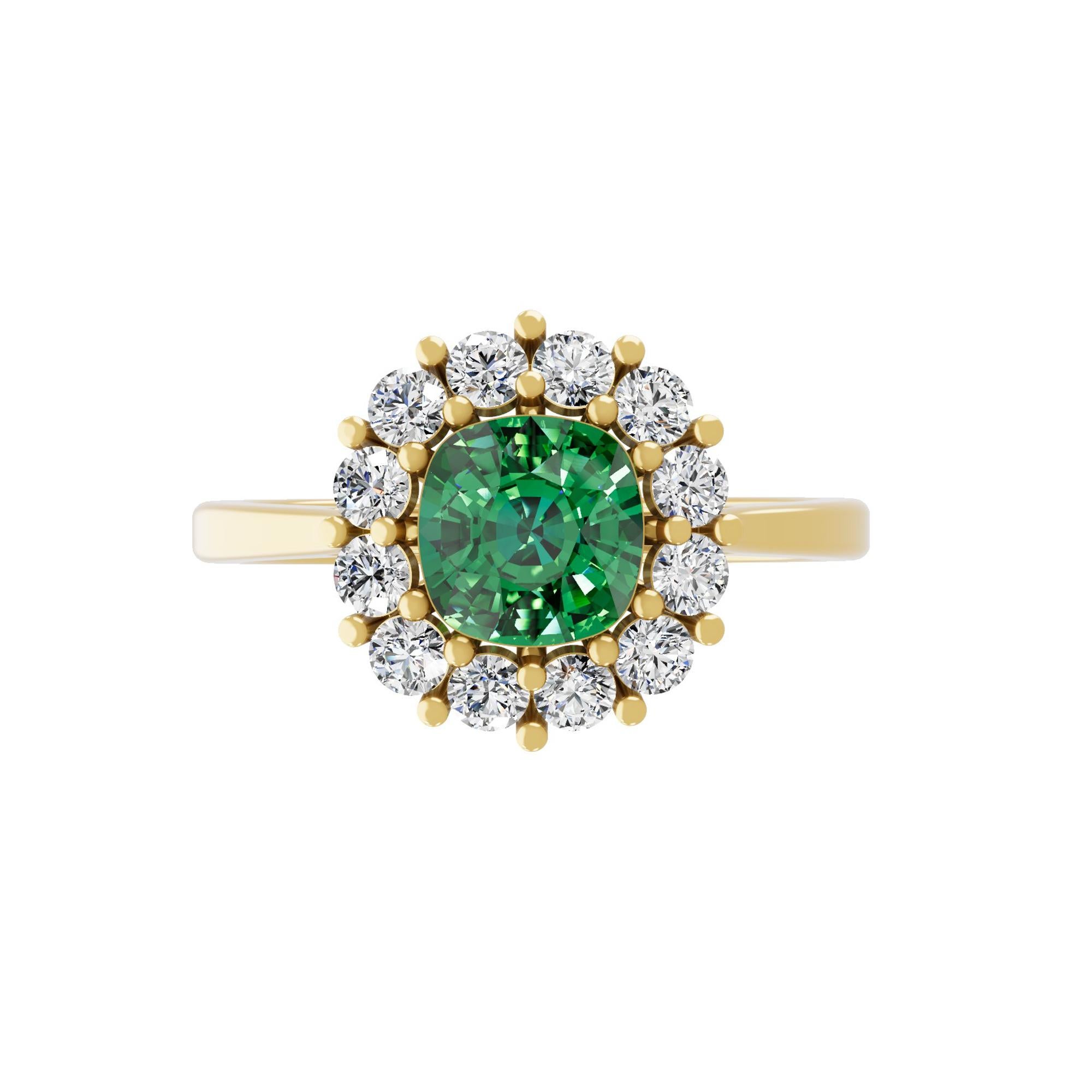 En vente :  Véritable émeraude zambienne de 1 carat 0,56 carat diamant SI/H Bague en or jaune 14 carats 6