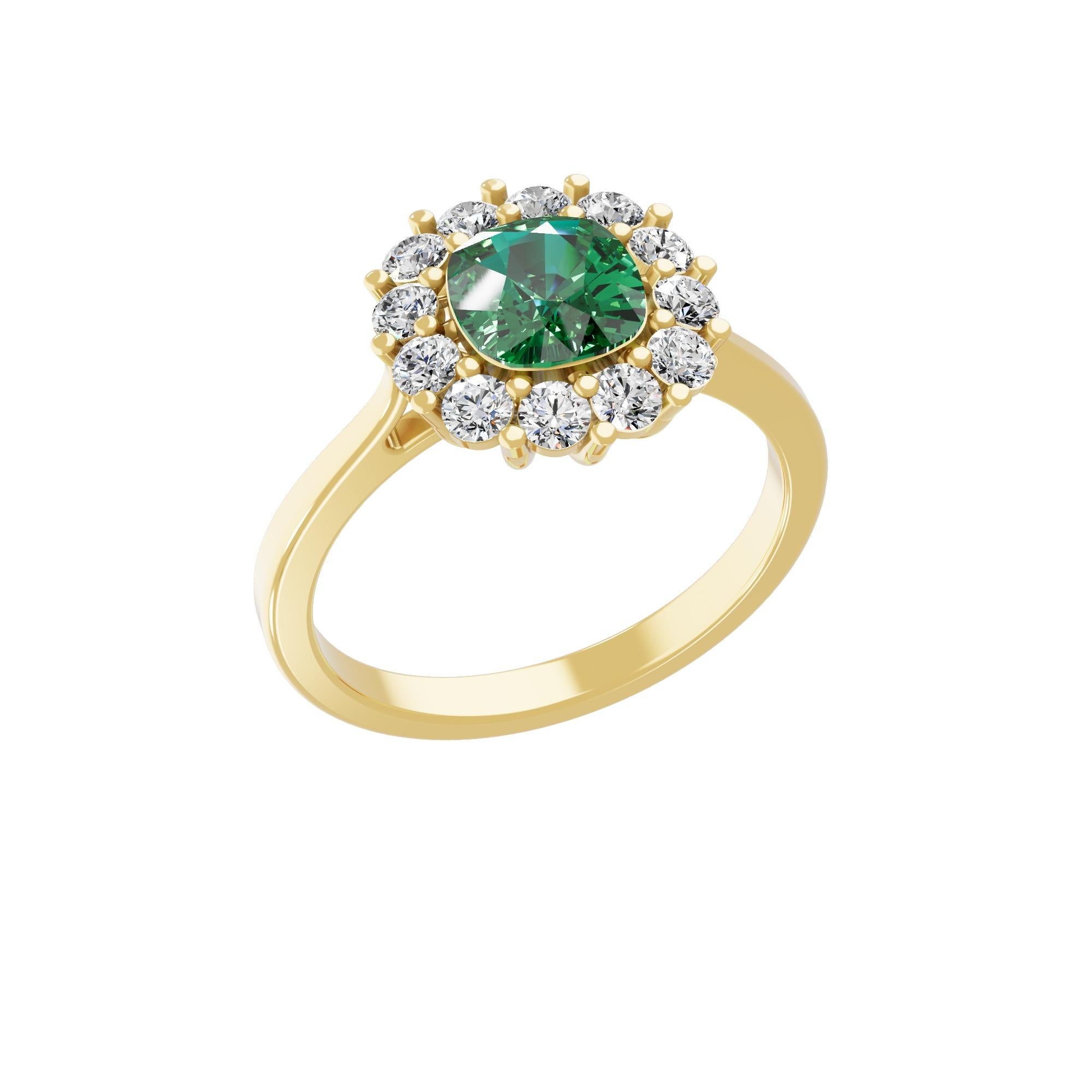 Modern Real 1 Carat Zambian Emerald 0.56 Carat SI/H Diamond Ring 18 Karat Yellow Gold For Sale
