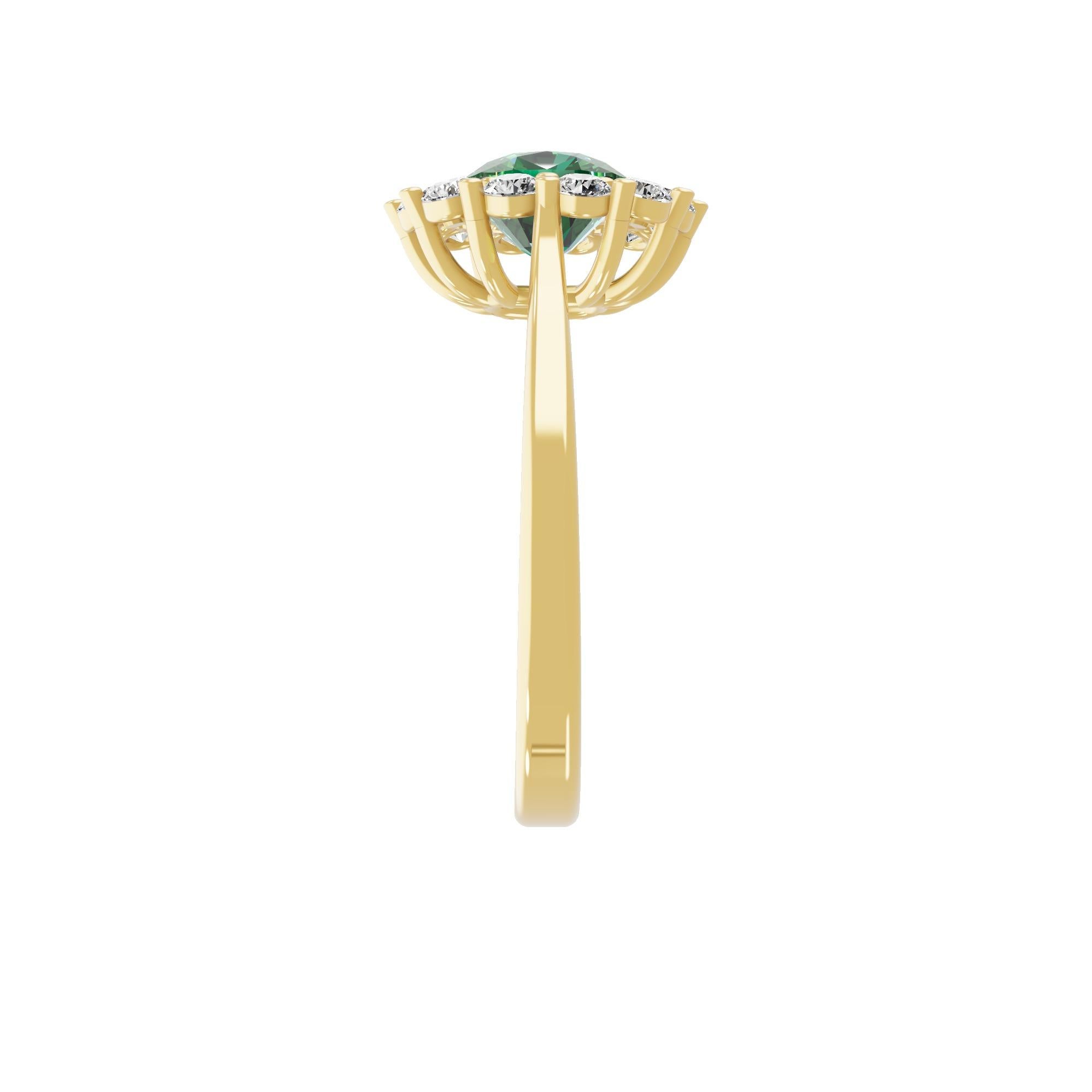 Round Cut Real 1 Carat Zambian Emerald 0.56 Carat SI/H Diamond Ring 18 Karat Yellow Gold For Sale