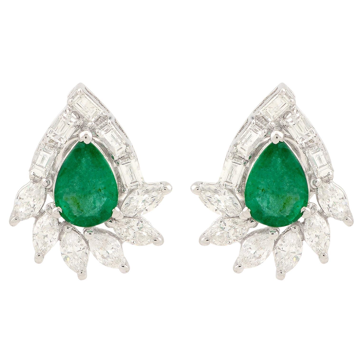 Real 1.03 Carat Pear Emerald Stud Earrings 1 carat Diamond 14 Karat White Gold For Sale