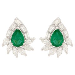 Real 1.03 Carat Pear Emerald Stud Earrings 1 carat Diamond 14 Karat White Gold