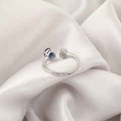 1.05 Ct Blue Sapphire 0.32 Ct Diamond Open Ring in 18K White Gold Cocktail Ring