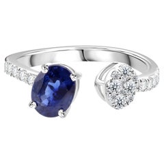 1.05 Ct Blue Sapphire 0.32 Ct Diamond Open Ring in 18K White Gold Cocktail Ring