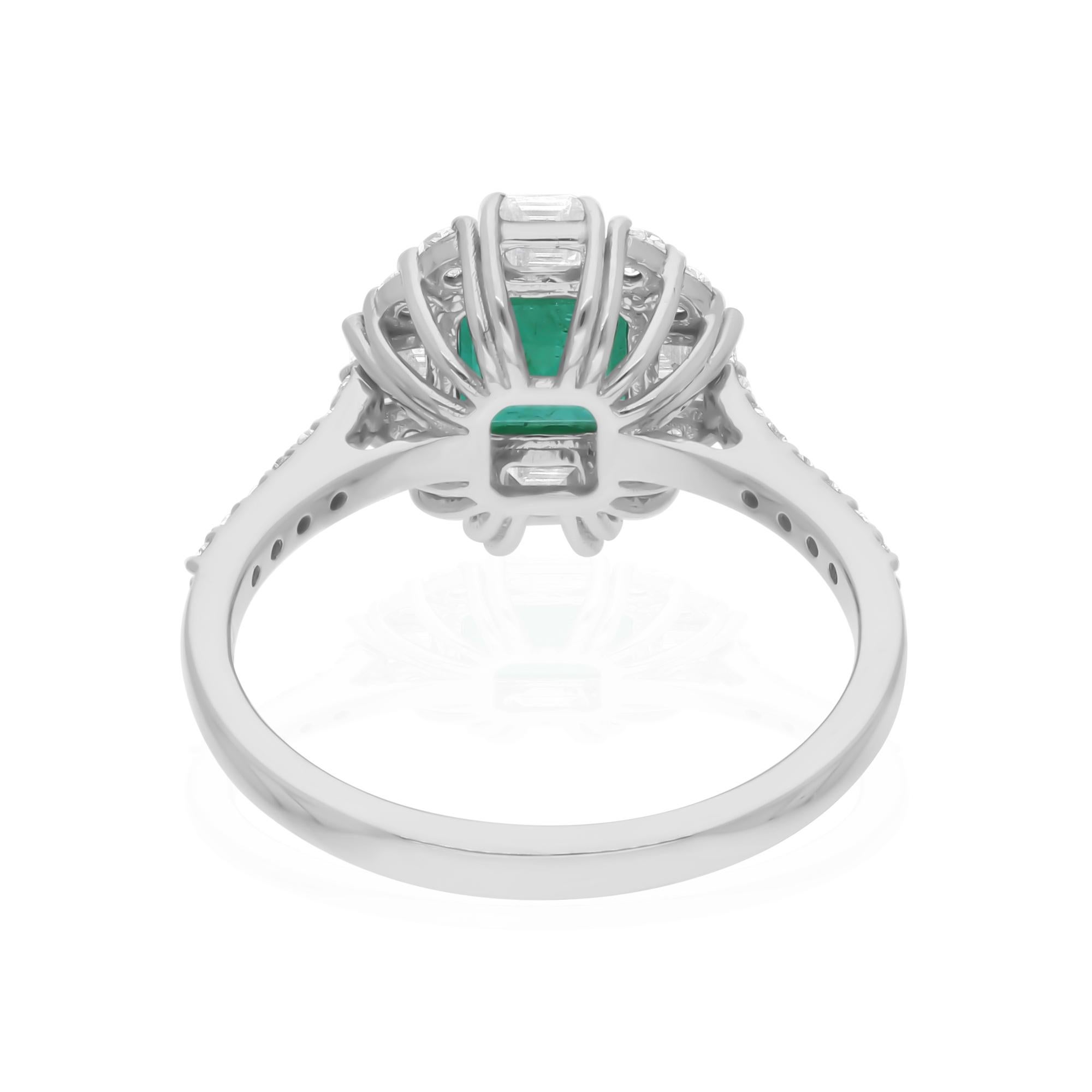 Modern Real 1.05 Carat Zambian Emerald 0.82 Carat SI/H Diamond Ring 14 Karat White Gold For Sale