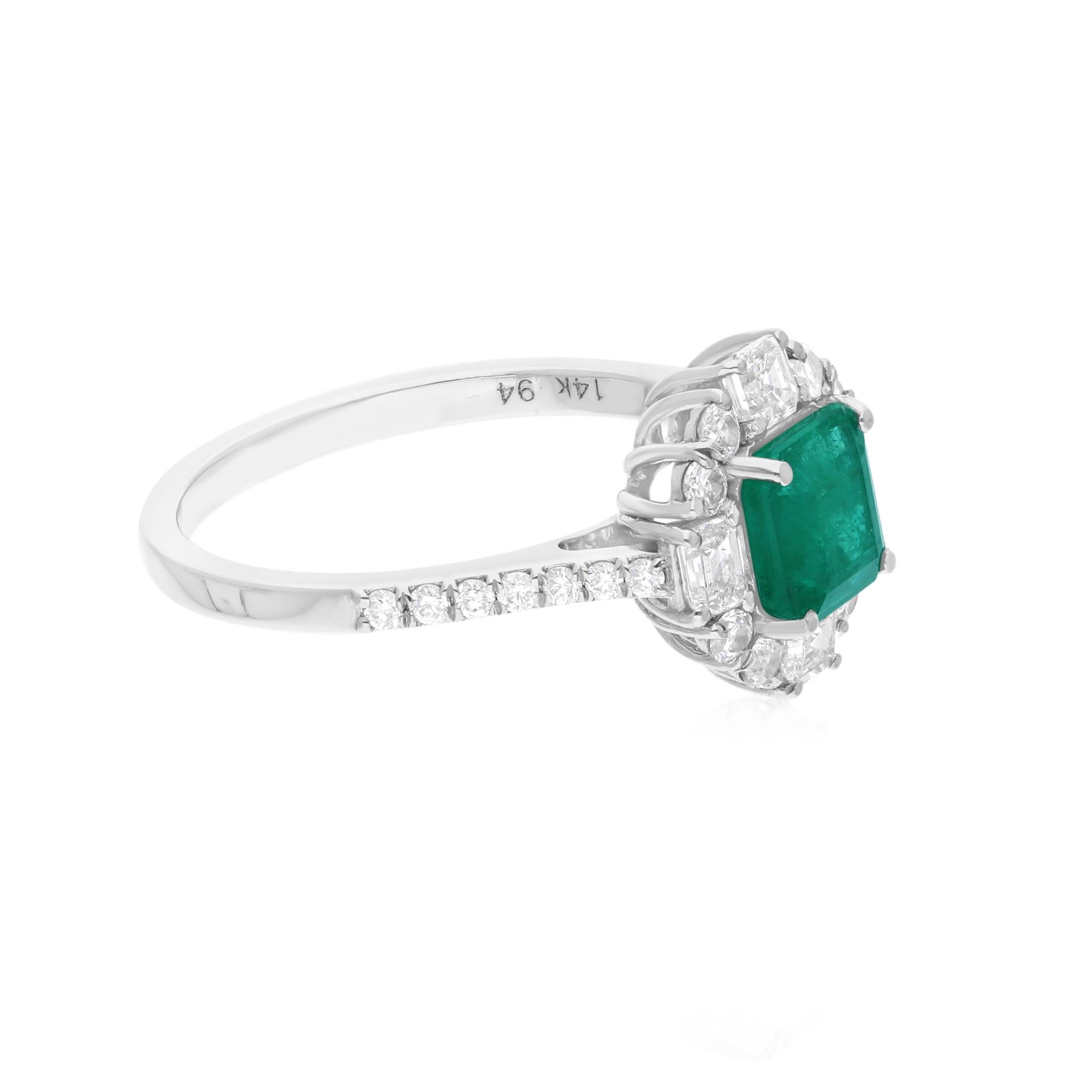 Octagon Cut Real 1.05 Carat Zambian Emerald 0.82 Carat SI/H Diamond Ring 14 Karat White Gold For Sale