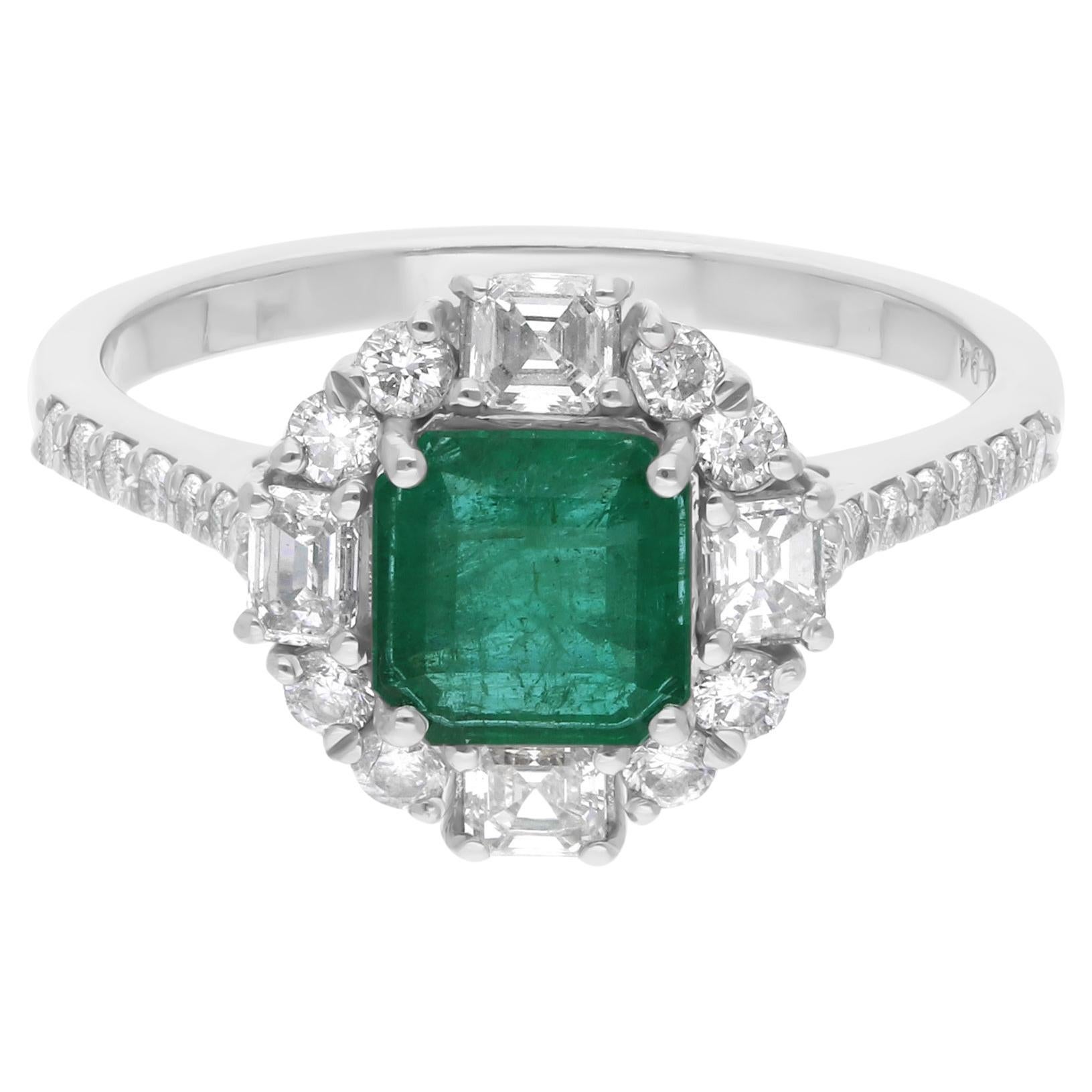 Real 1.05 Carat Zambian Emerald 0.82 Carat SI/H Diamond Ring 14 Karat White Gold