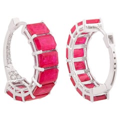 Real 10.62 Carat Ruby Gemstone Hoop Earrings 0.21 Ct Diamond 18 Karat White Gold