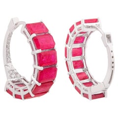 Real 10.62 Carat Ruby Gemstone Hoop Earrings 0.21 Ct Diamond 18 Karat White Gold