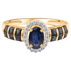 Real 1.08 Carat Blue Sapphire 0.08 Carat SI/H Diamond Ring 14 Karat Yellow Gold
