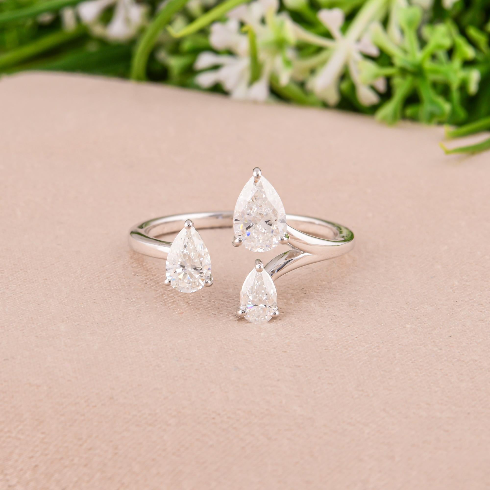 Modern Real 1.09 Carat SI Clarity HI Color Pear Diamond Cuff Ring 18 Karat White Gold For Sale