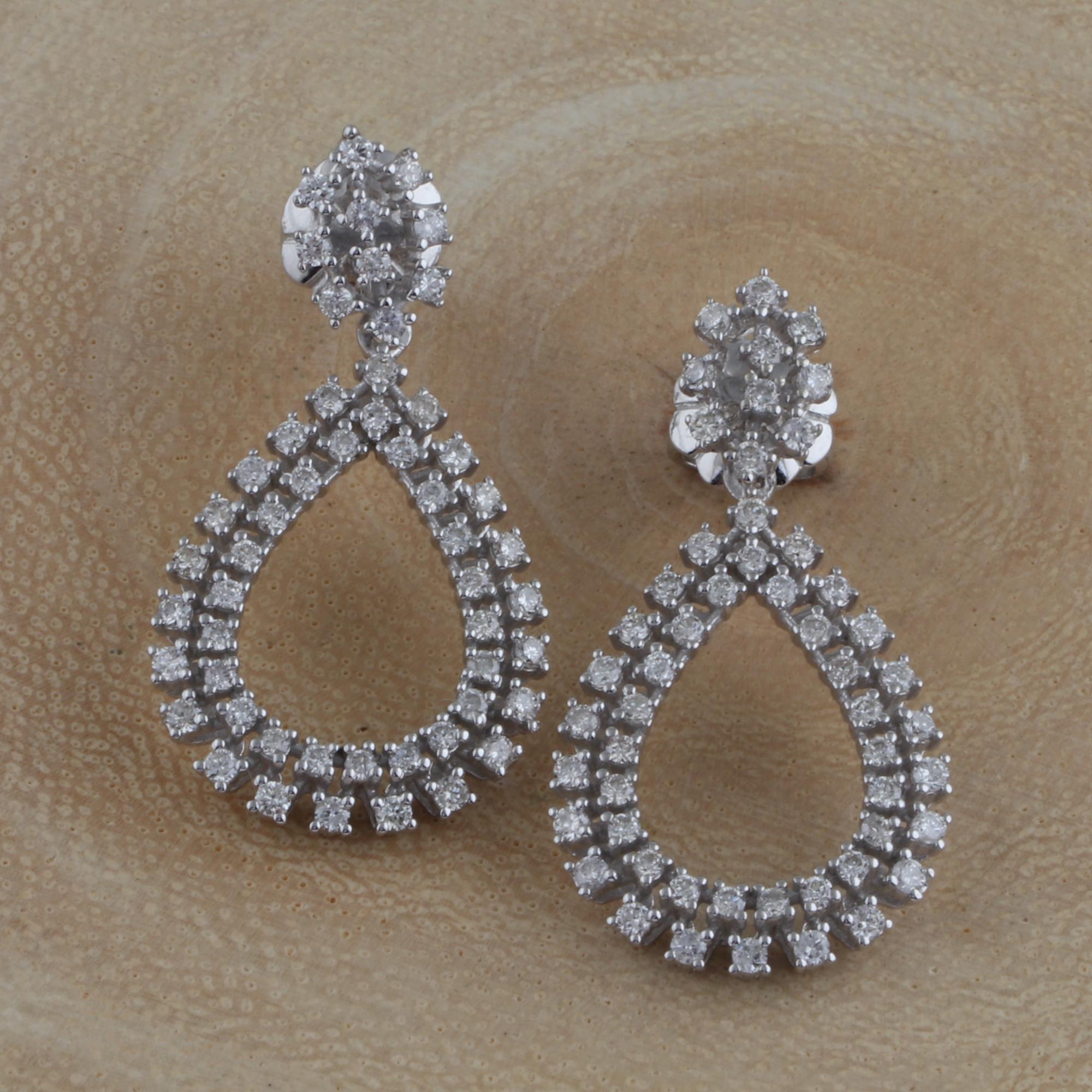 Pendientes colgantes de diamantes reales de 1,10 quilates, claridad SI y color HI, oro blanco de 14 quilates Corte redondo en venta