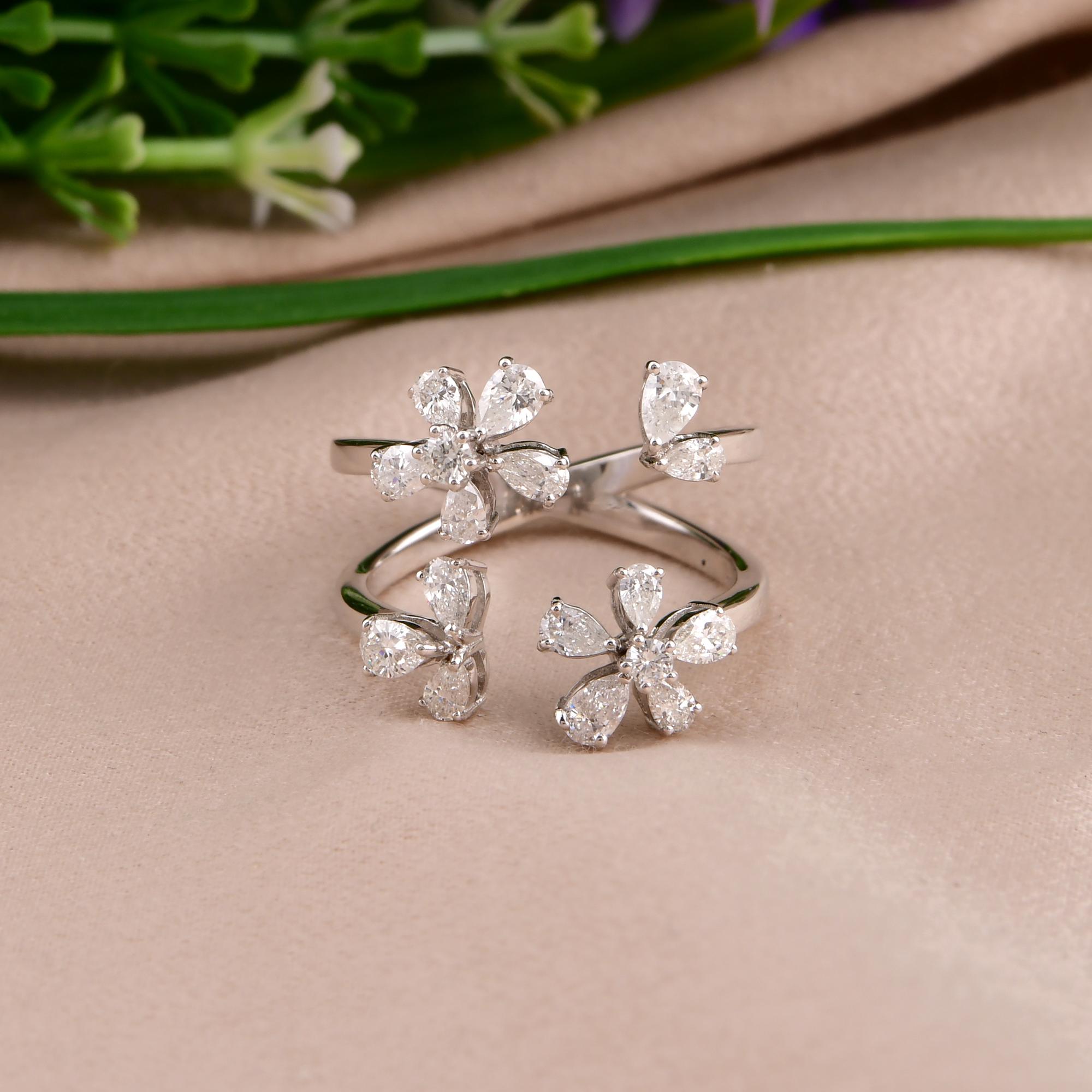 Real 1.13 Carat SI/H Round Pear Diamond Cuff Ring 18 Karat White Gold Jewelry In New Condition For Sale In Diera, Dubai