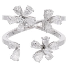 Real 1.13 Carat SI/H Round Pear Diamond Cuff Ring 18 Karat White Gold Jewelry