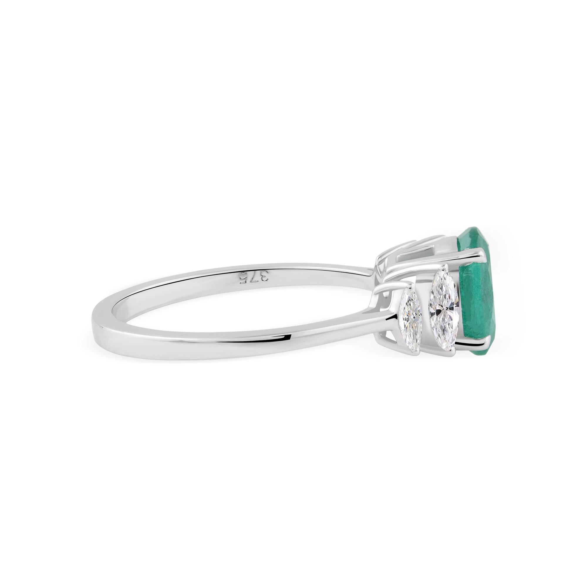 For Sale:  Real 1.14 Carat Zambian Emerald SI/H Diamond Accent Ring 9 Karat White Gold 4