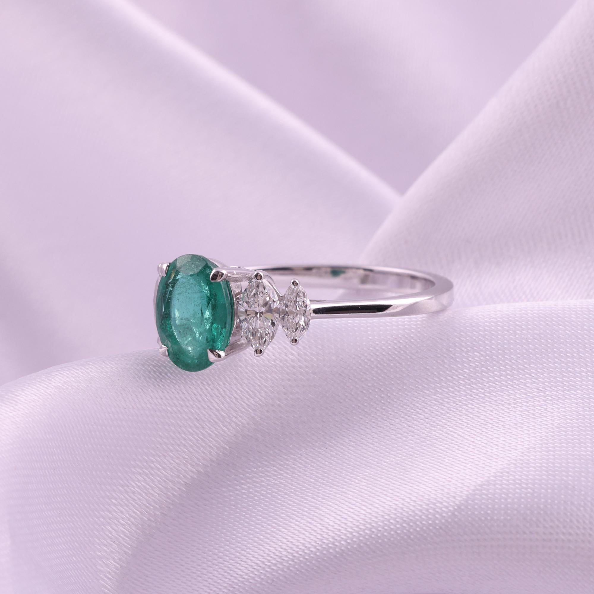 For Sale:  Real 1.14 Carat Zambian Emerald SI/H Diamond Accent Ring 9 Karat White Gold 6