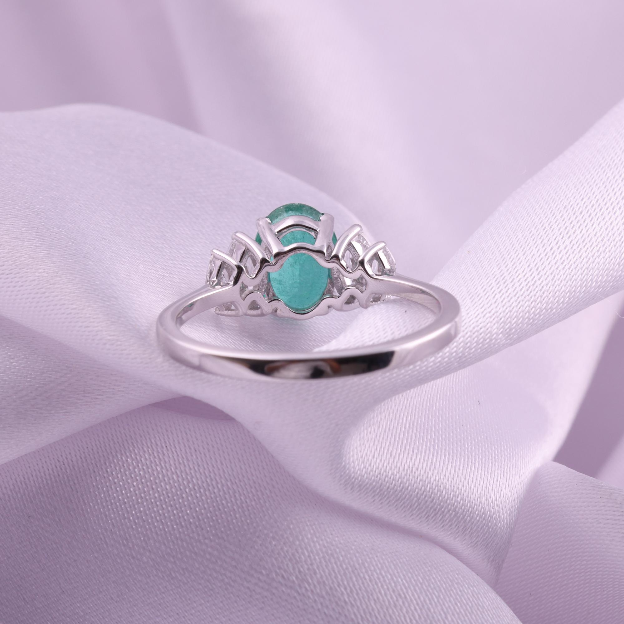 For Sale:  Real 1.14 Carat Zambian Emerald SI/H Diamond Accent Ring 9 Karat White Gold 7