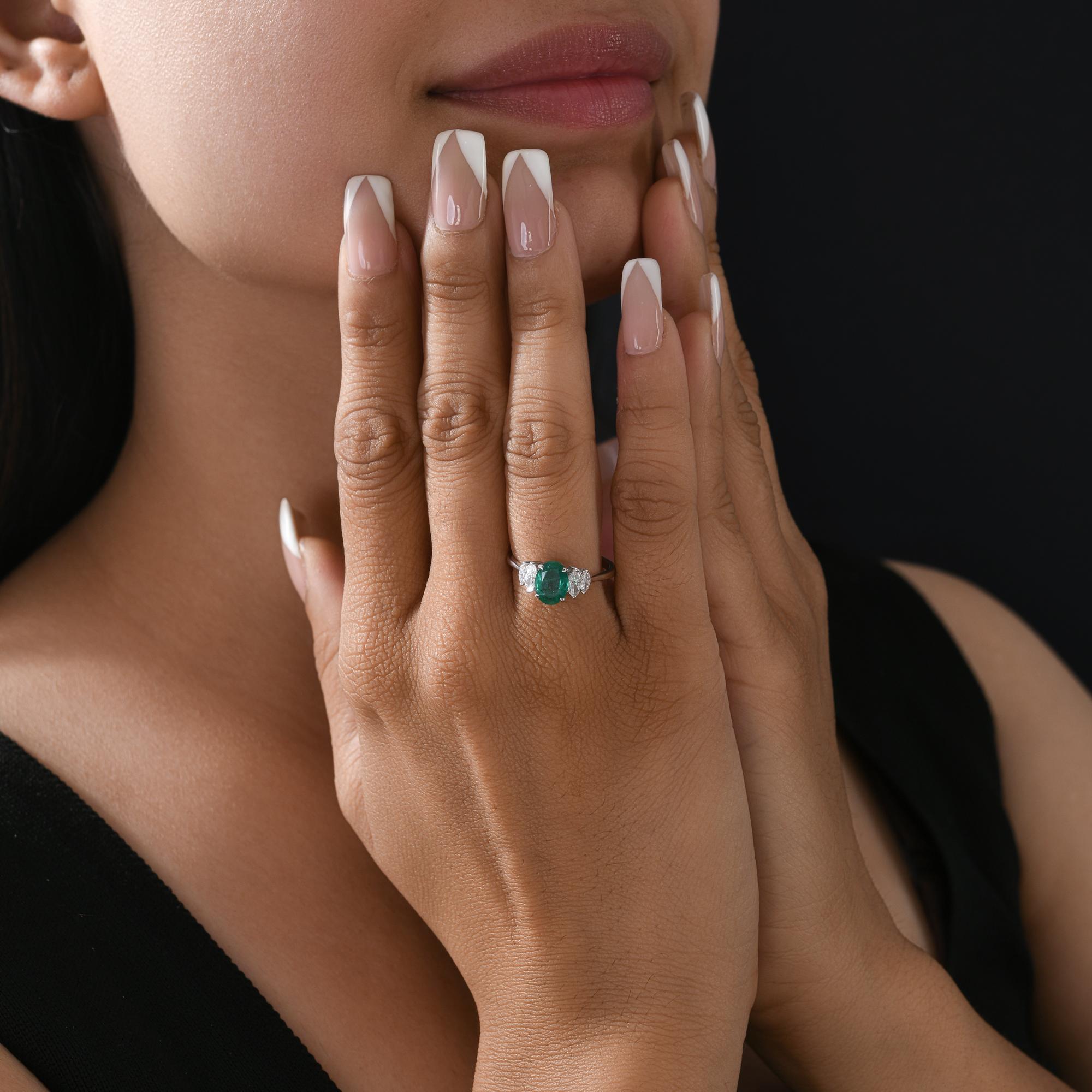 For Sale:  Real 1.14 Carat Zambian Emerald SI/H Diamond Accent Ring 9 Karat White Gold 2