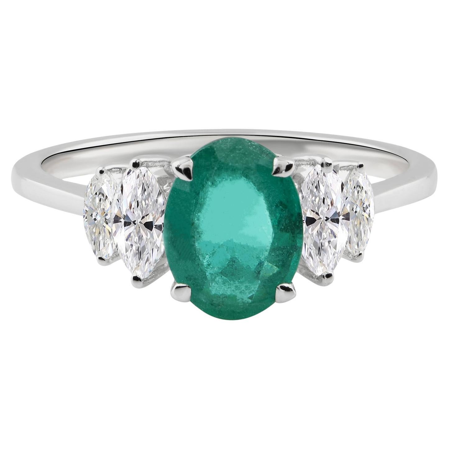 For Sale:  Real 1.14 Carat Zambian Emerald SI/H Diamond Accent Ring 9 Karat White Gold