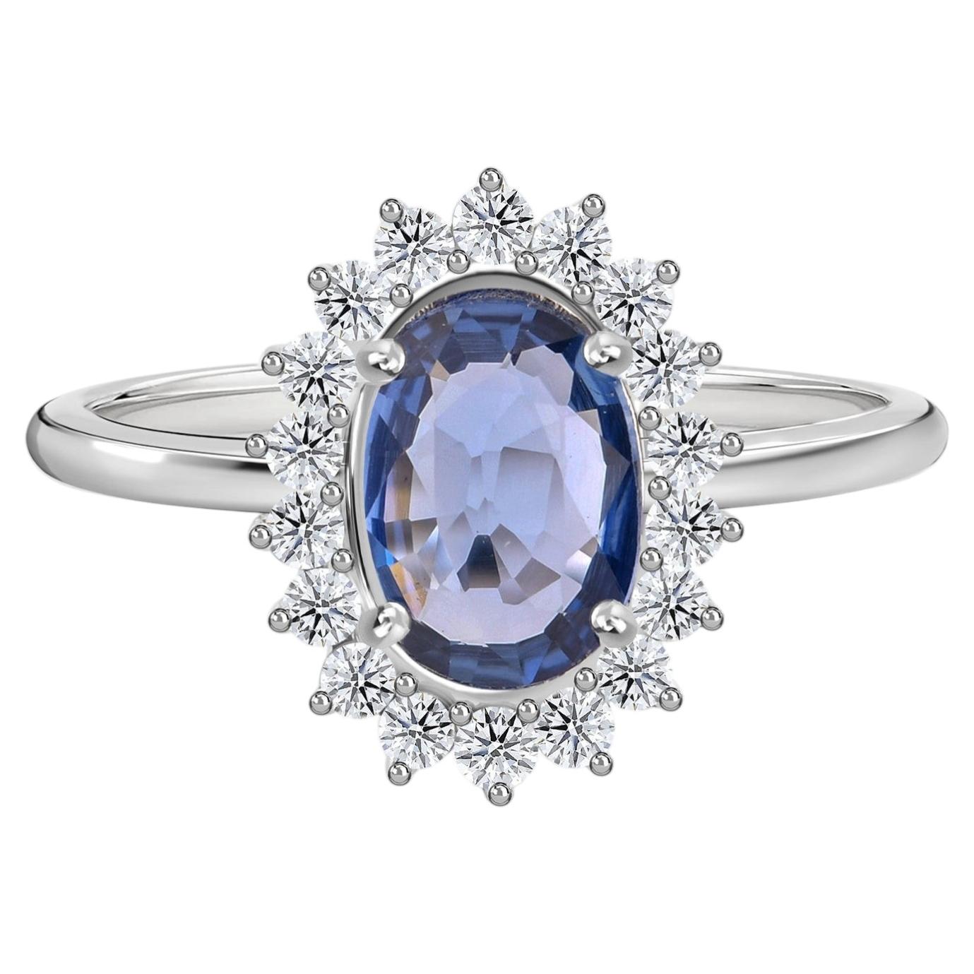 14 Karat White Gold 1.16 Carat Blue Sapphire 0.29 Carat Diamond Engagement Ring