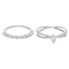 Real 1.18 Carat Diamond Stacking Two Ring Set 18 Karat White Gold Fine Jewelry