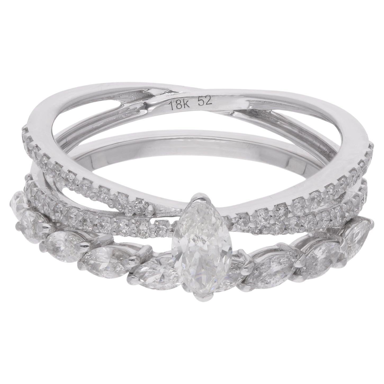 Real 1.18 Carat Marquise Round Diamond Two Ring Set 18 Karat White Gold Jewelry