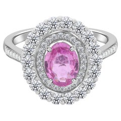 1.18 Ct Pink Sapphire Diamond Halo Ring in 18K White Gold Women Fine Jewelry