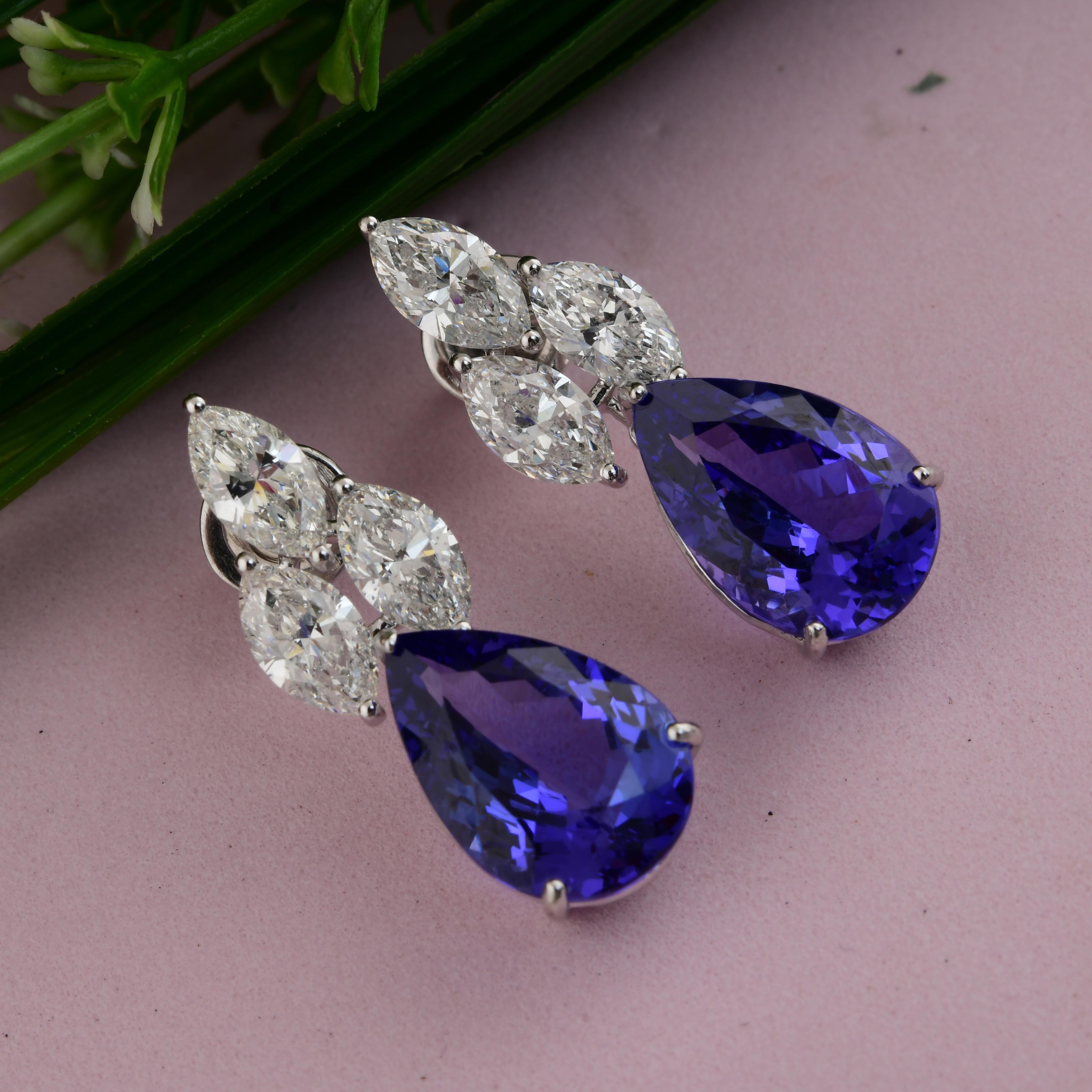 Pear Cut Real 12.05 Carat Tanzanite Earrings 4.18 Carat SI/H Diamond 18 Karat White Gold For Sale