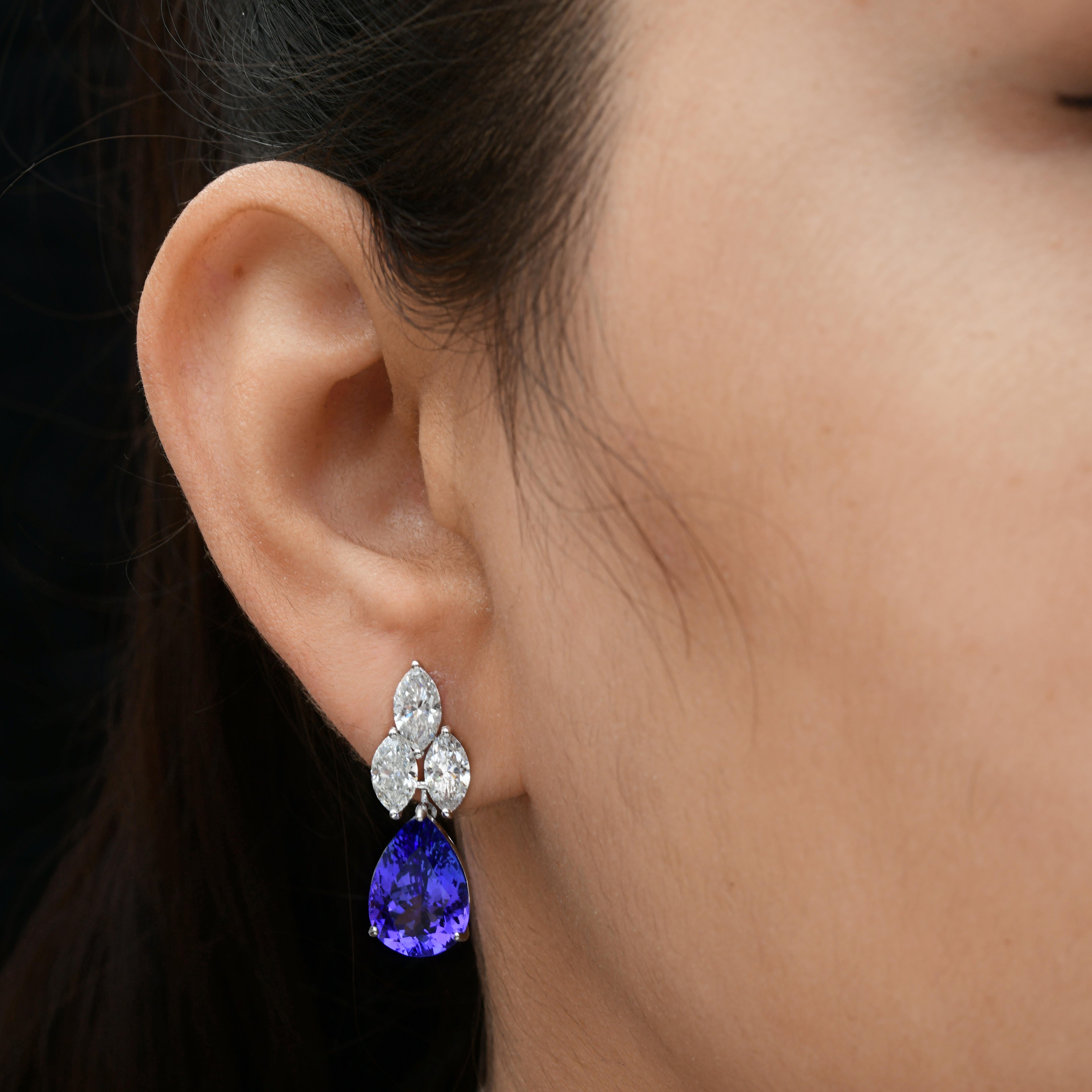 Women's Real 12.05 Carat Tanzanite Earrings 4.18 Carat SI/H Diamond 18 Karat White Gold For Sale