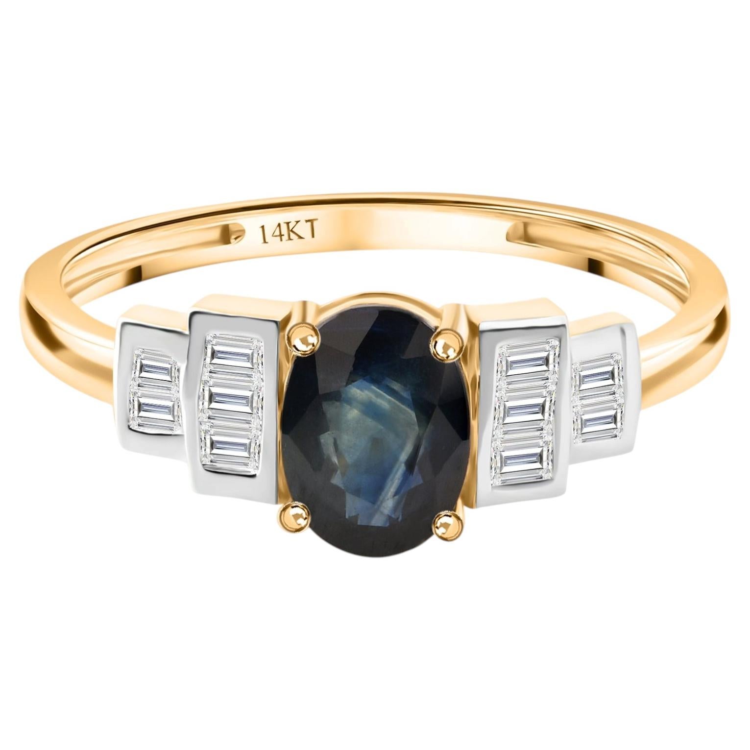 Real 1.24 Carat Blue Sapphire 0.25 Carat SI/H Diamond Ring 14 Karat Yellow Gold
