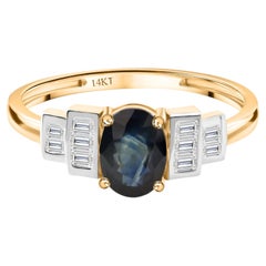 Real 1.24 Carat Blue Sapphire 0.25 Carat SI/H Diamond Ring 14 Karat Yellow Gold