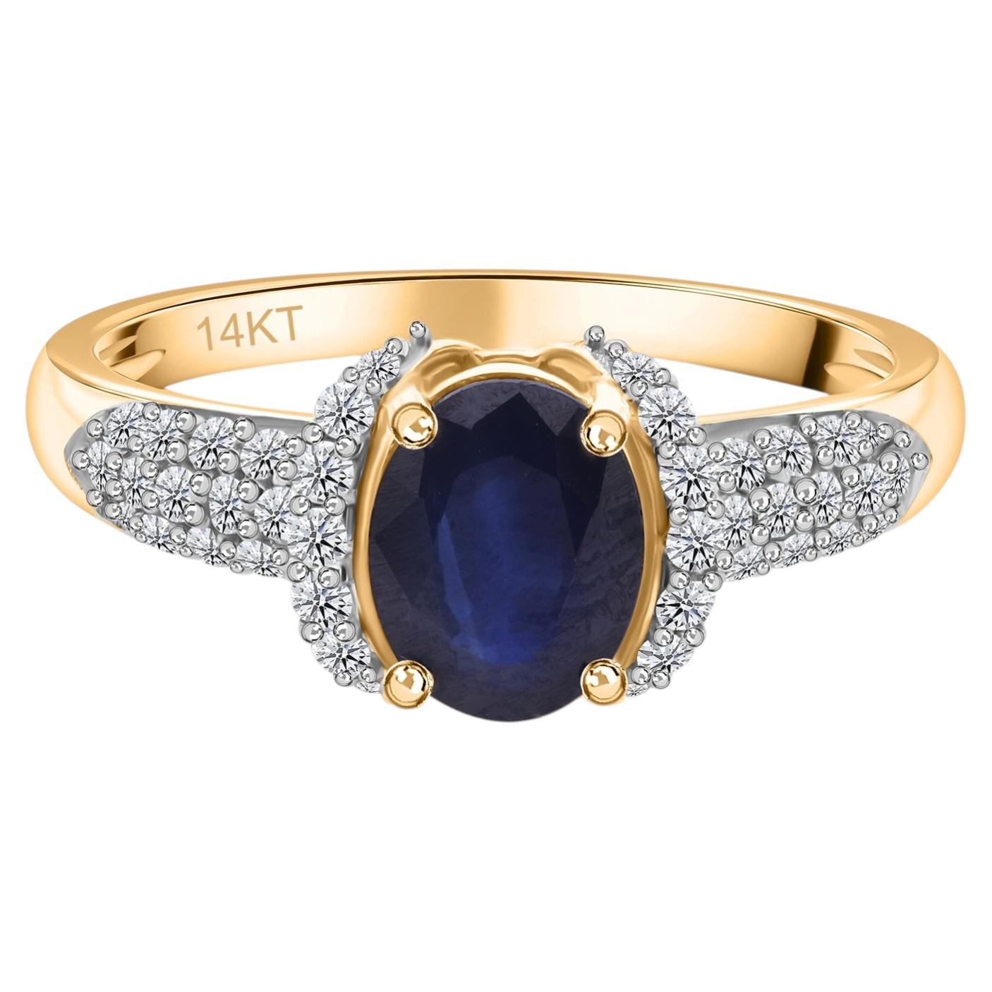 Real 1.24 Carat Blue Sapphire 0.38 Carat SI/H Diamond Ring 14 Karat Yellow Gold