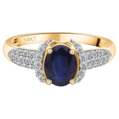 Zafiro azul auténtico de 1,24 quilates Anillo de diamantes SI/H de 0,38 quilates Oro amarillo de 14 quilates