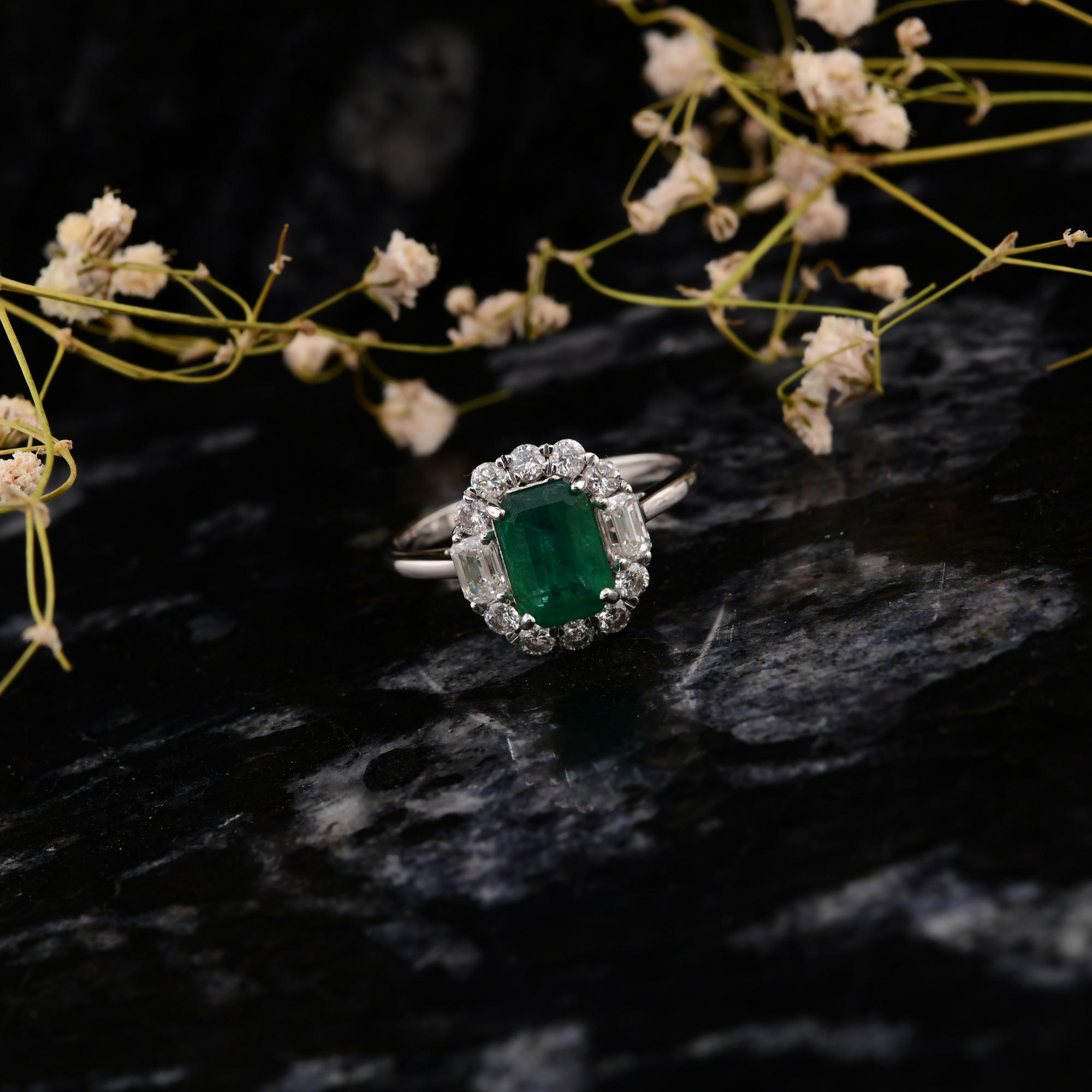 Octagon Cut Real 1.27 Carat Zambia Emerald 14 Karat White Gold 0.54 Carat SI/H Diamond Ring For Sale