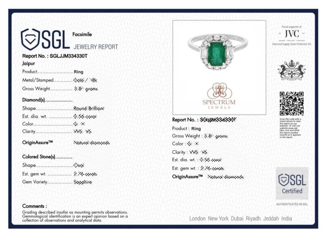 Real 1.27 Carat Zambia Emerald 14 Karat White Gold 0.54 Carat SI/H Diamond Ring For Sale 2
