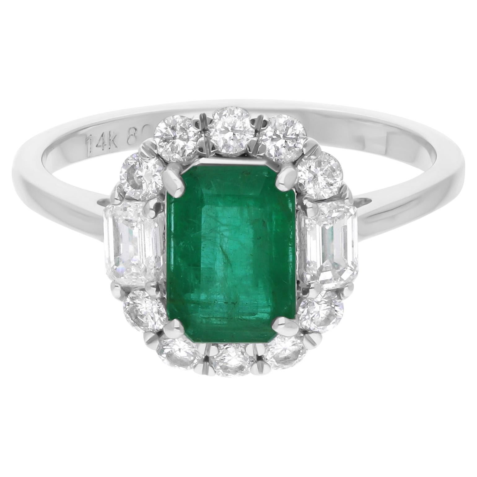 Real 1.27 Carat Zambia Emerald 14 Karat White Gold 0.54 Carat SI/H Diamond Ring For Sale