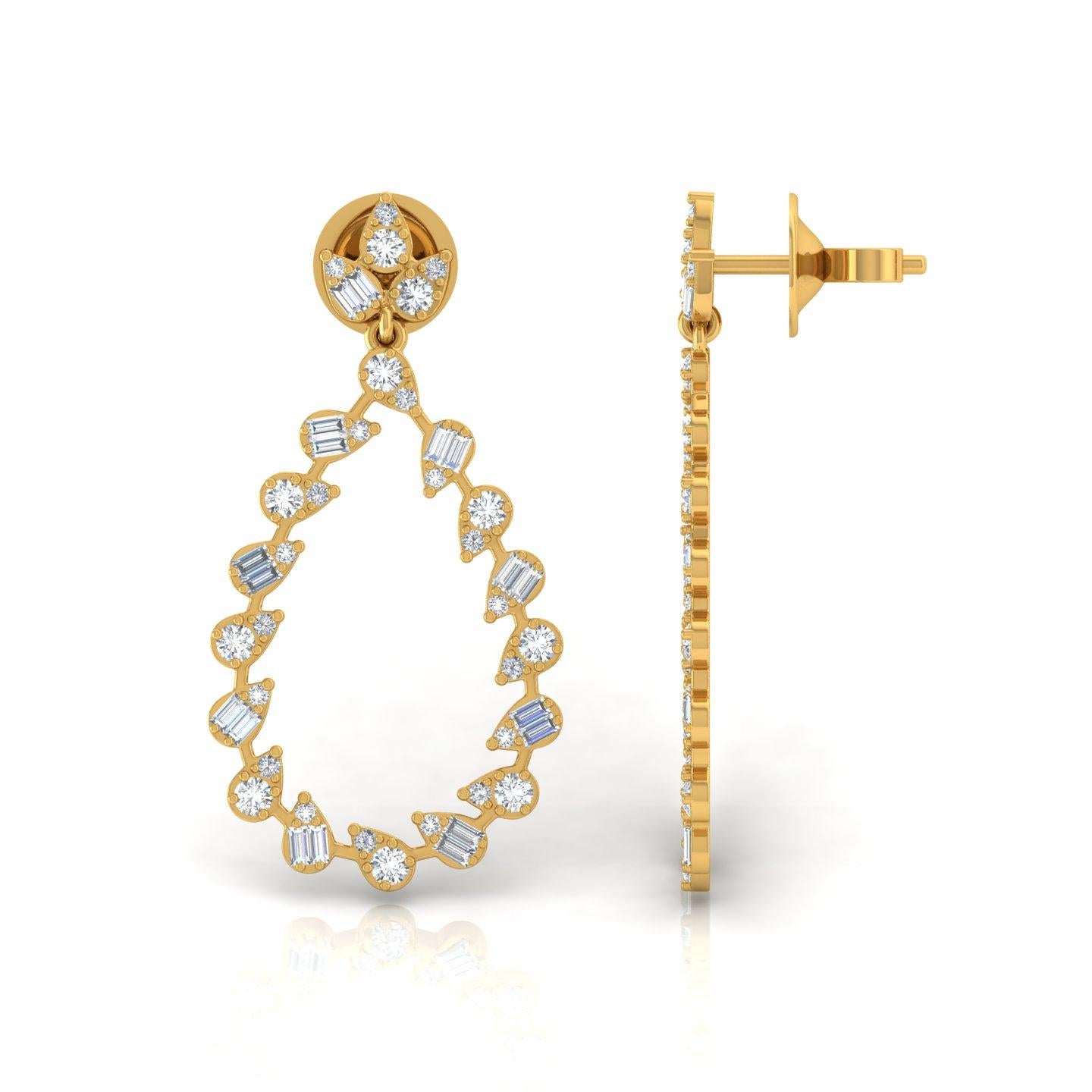 Modern Real 1.30 Carat Baguette Diamond Dangle Earrings 18 Karat Yellow Gold Jewelry For Sale