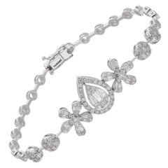 Real 1.32 Carat Diamond Flower Charms Bracelet 14 Karat White Gold Fine Jewelry