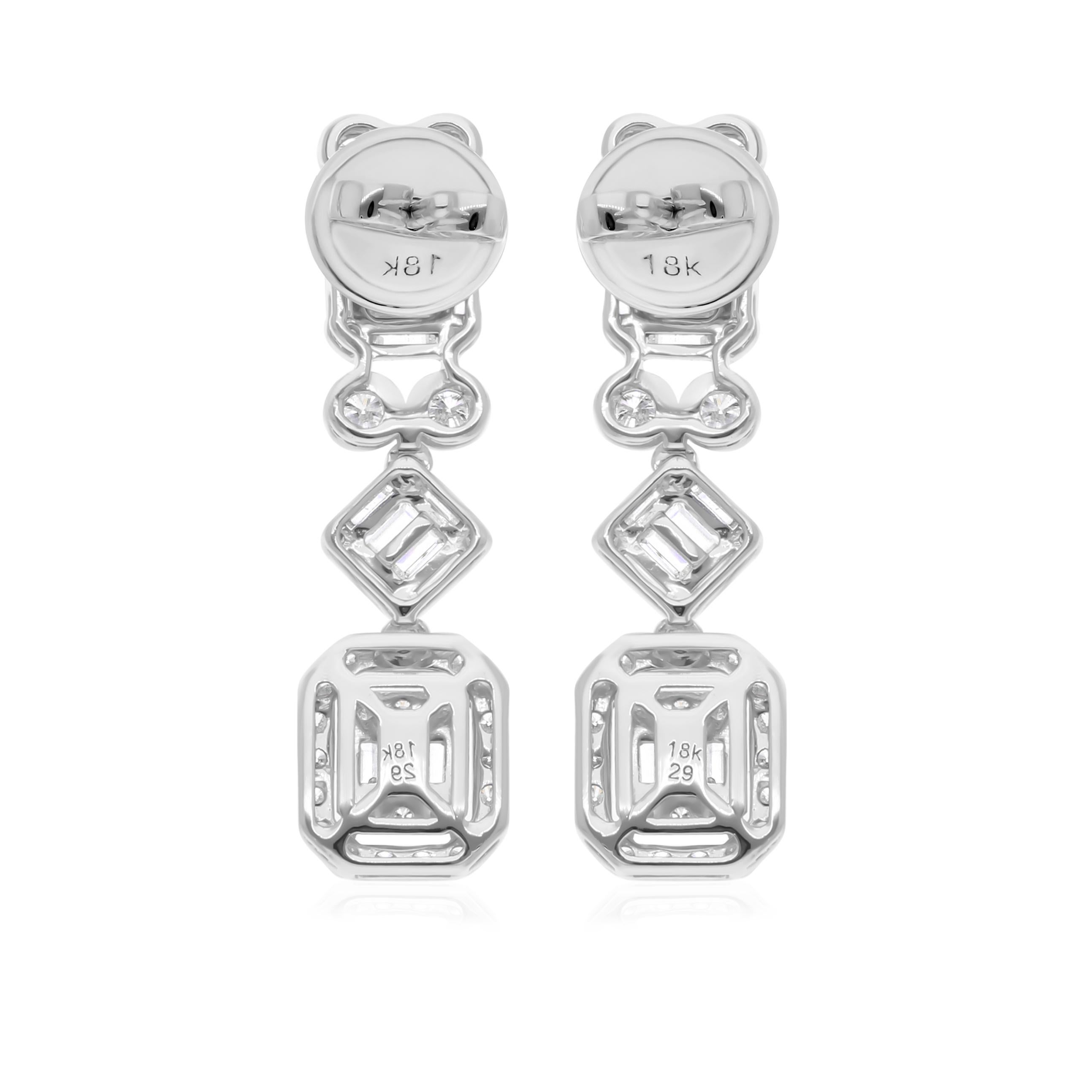 Pendientes colgantes de diamantes auténticos de 1,32 quilates, claridad SI y color HI, oro blanco de 18 quilates Corte baguette en venta